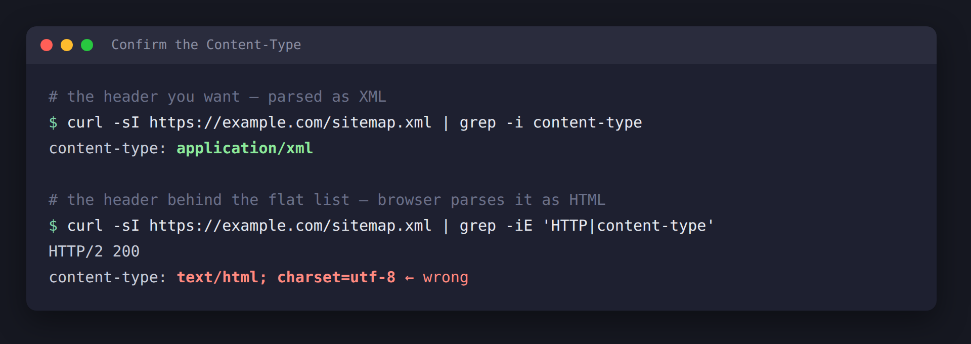 curl -I output comparing a sitemap served as application/xml against one served as text/html