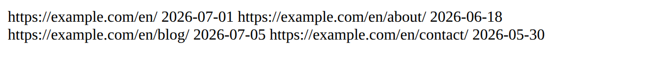 An example sitemap served as text/html, rendered by the browser as a flat list of URLs with the hreflang alternates gone